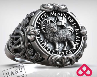 Agnus Dei Lamb of God Signet Ring – Handmade Christian Jewelry, 925 Sterling Silver, Symbol of Sacrifice & Redemption, Faith Gift for Men