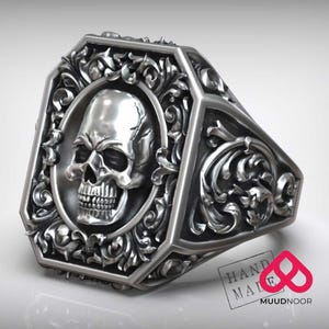 Handmade Sterling Silver Skull Signet Ring: Gothic Rococo Baroque