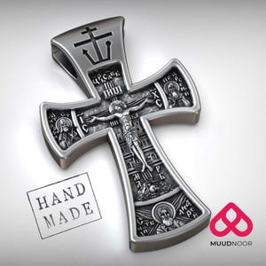 Orthodox Crucifix Cross Pendant – 925 Sterling Silver Russian Cross with Guardian Angel  Saints, Handmade Spiritual Protection Necklace Gift