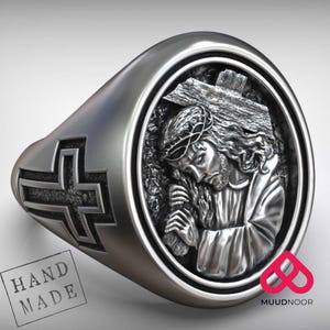Jesus Christ Crown of Thorns Ring | Cross Signet Ring for Men | Christian Jewelry Faith Statement|Holy Gift Symbol of Sacrifice & Redemption