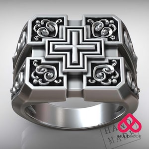 Gothic Cross Signet Ring for Men, Handmade Silver Square Ring with Ornate Filigree, Religious Bold Statement Jewelry, Gift for Him