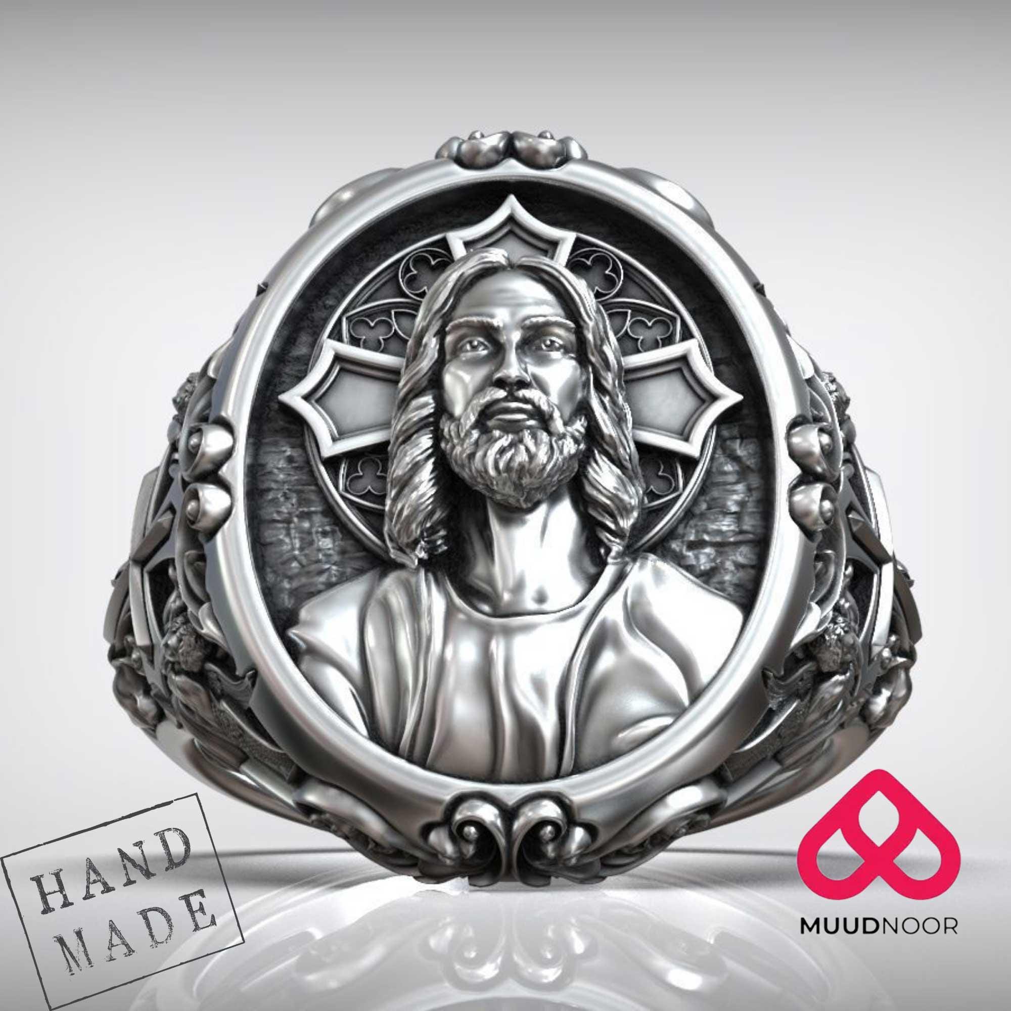 Jesus Christ Angels Gothic Cross Ring | Christian Shield Signet for Men ...