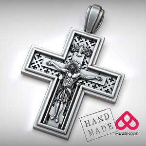 Orthodox Crucifix Pendant, Handmade Sterling Silver Jesus Christ Cross with Dove, Religious Devotional Jewelry