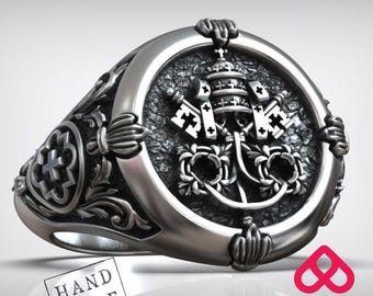 Handmade Sterling Silver Papal Seal Ring: Catholic Vatican Keys Band