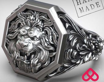 Lion Head Signet Ring – Handmade Royal Statement Jewelry for Men, Baroque Style Power Ring, Bold Gothic King Symbol, Fierce Gift Idea