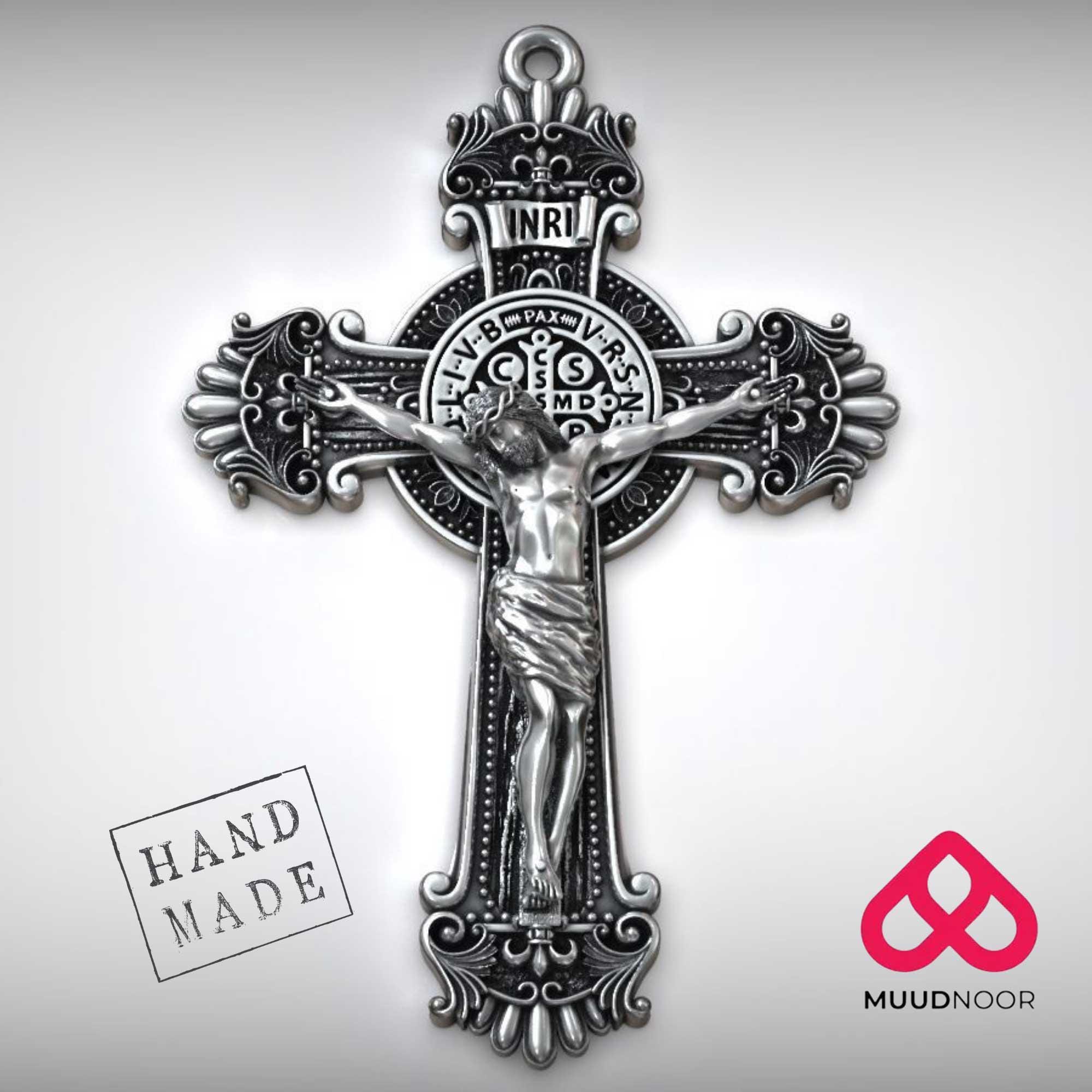 Saint Benedict Crucifix Cross Pendant – 925 Sterling Silver Handmade ...