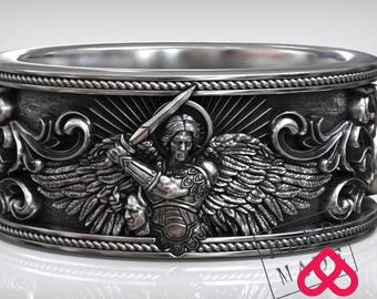 Saint Michael Archangel Ring Handmade Silver | Warrior Angel Sword Band with Demon Head | Christian Protection Jewelry for Men | Faith Armor