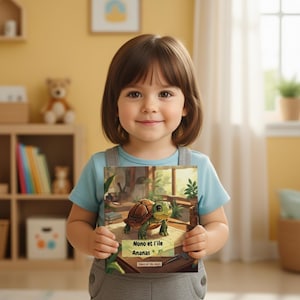 以下が含まれることがあります： 子供が「Nono et l'île Ananas」というタイトルの子供向けの本を持っています。本の表紙には、植物のある部屋にいる漫画の亀が描かれています。子供は青いシャツとオーバーオールを着て、カメラに向かって微笑んでいます。