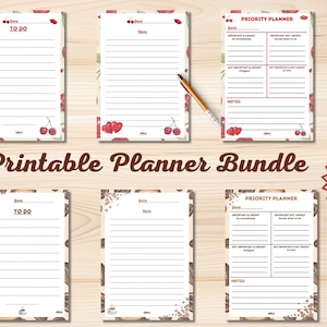 May include: A printable planner bundle featuring six pages with To Do lists, Note sections, and Priority Planners. The designs include cherry and coffee bean motifs with red heart accents. A pen rests on one page, and the text reads Printable Planner Bundle and PDF.