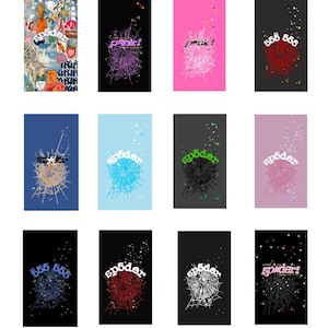 Puede incluir: Una colección de 12 fondos de pantalla digitales para teléfono con un diseño de telaraña y la palabra "spider" en varios colores y fuentes. Los fondos son negro, blanco, rosa, azul, rojo, verde y gris.