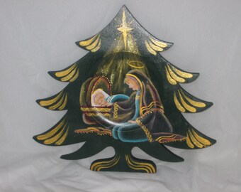 Hand Painted Christmas Tree Plate with Madonna and Child