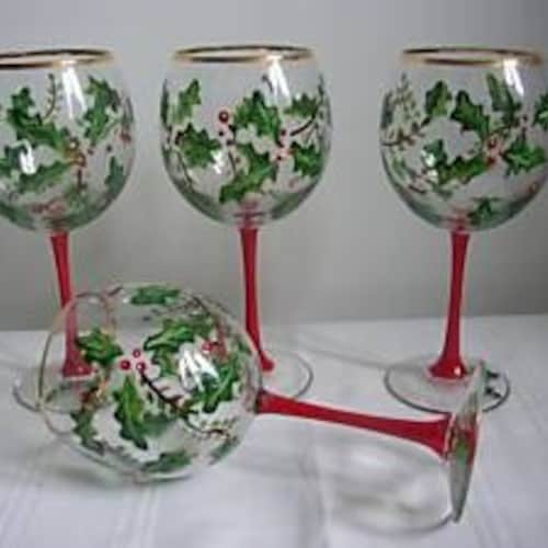 Hand Painted Christmas Wine Glasses With Holly Etsy UK