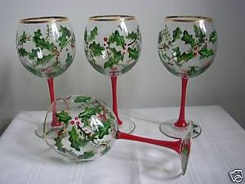 Hand painted Christmas Wine Glasses with Holly image 1