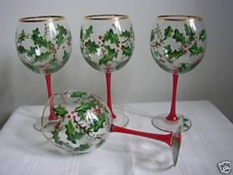 Hand Painted Christmas Wine Glasses With Holly Etsy