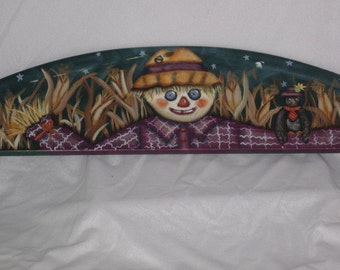SALE Hand Painted Wooden Door Crown with Scarecrow AS IS