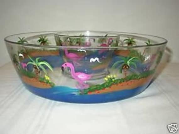 Hand Painted Glass Chip and Dip Bowl with Flamingos