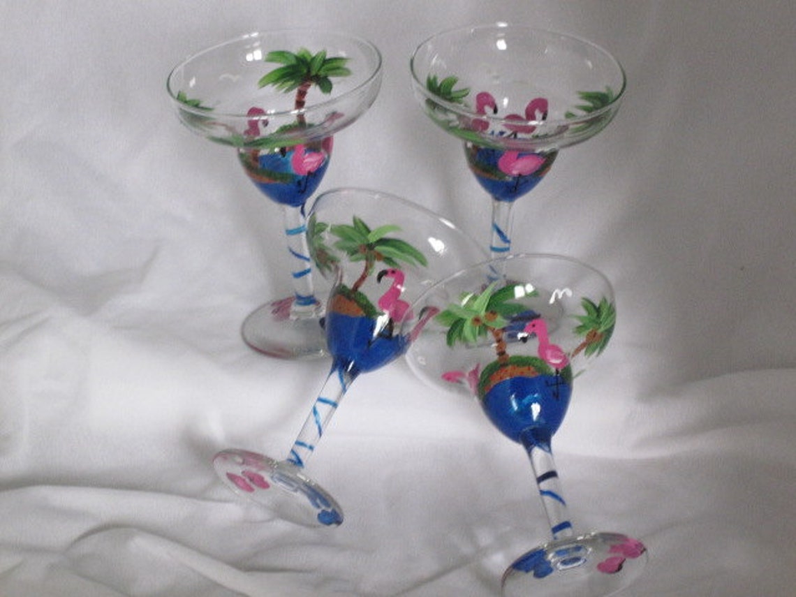 Hand Painted Margarita Glasses with Flamingos Etsy