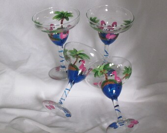Hand Painted Margarita Glasses with Flamingos