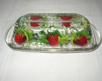 Hand Painted BUTTER DISH With STRAWBERRIES