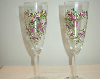 Hand Painted Wedding Champagne Flutes with Roses