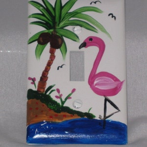 Hand Painted Single Light Switchplate with Flamingo and Palm Tree