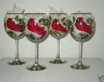 Hand Painted Wine Glasses with Cardinals