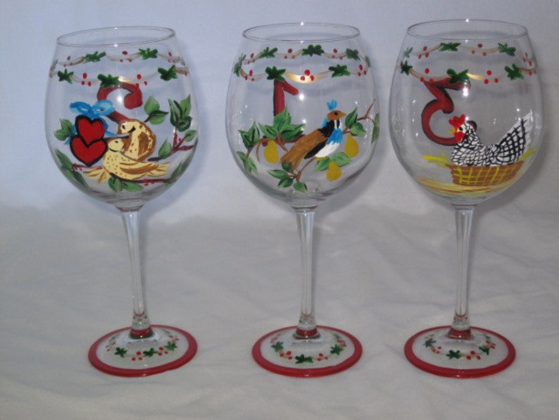 Hand Painted Twelve Days of Christmas Set of 12 Wine Glasses Etsy