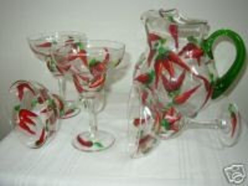 Hand Painted Margarita Glasses and Pitcher Chili Peppers Etsy