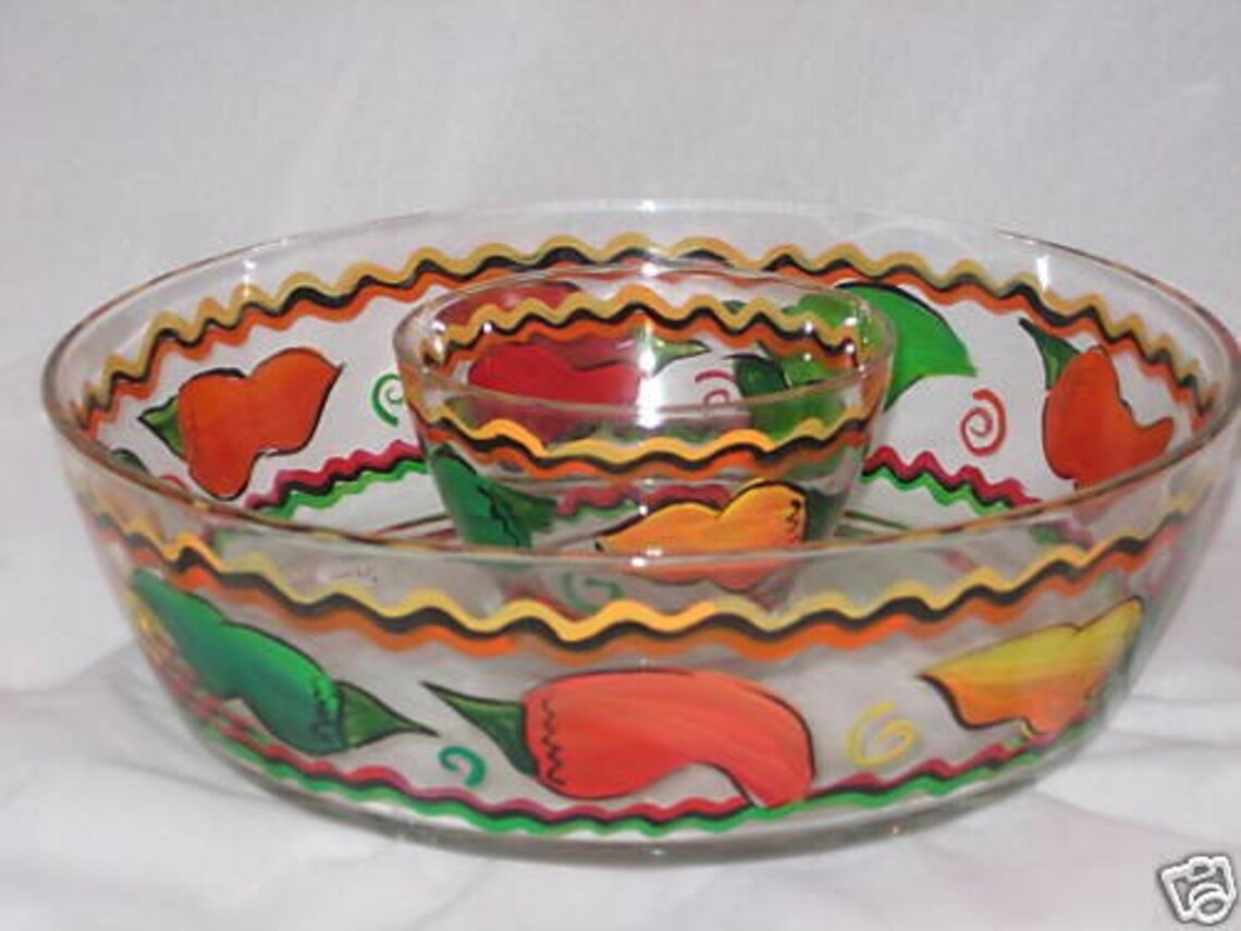 Hand painted CHIP and DIP Bowl with Vibrant Chili Peppers Etsy