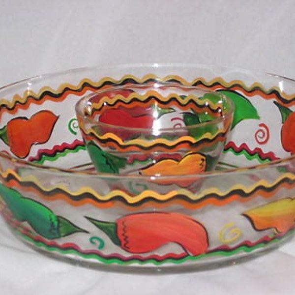 Hand painted CHIP and DIP Bowl  with Vibrant Chili Peppers