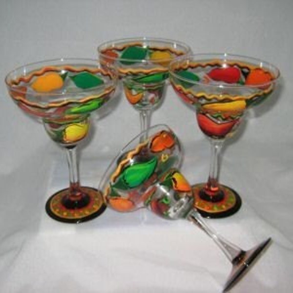 Hand Painted MARGARITA Glasses Vibrant CHILI PEPPERS set of 4