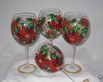 Hand Painted Wine Glasses With Poinsettias