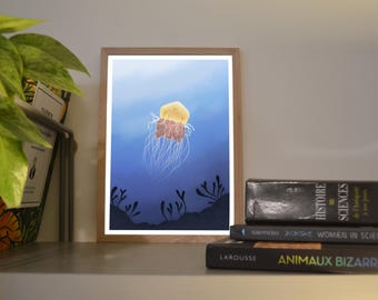 Print A6/A5 Lion's Mane Jellyfish, illustration created in color on a digital tablet, digital art