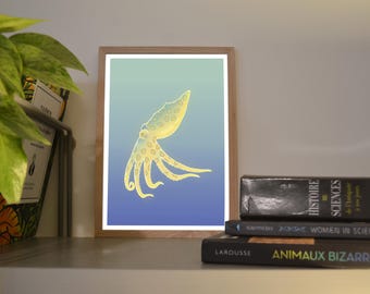Print A6/A5 Blue-ringed octopus, illustration created in color on a digital tablet, digital art