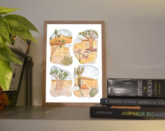 Print A6/A5 4 deserts, illustration made in colors with watercolor and ink, traditional art