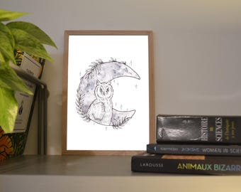 Print A6/A5 Owl, illustration done in black and white with ink and watercolor, traditional art