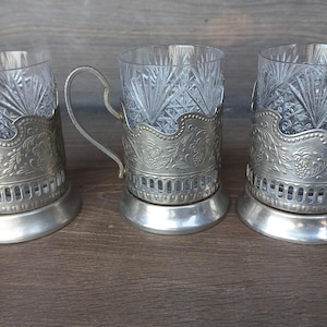 Vintage Crystal Glass and Metal Cup Holder, Tea glass holder podstakannik, Metal Coaster, Melchior tea coaster, Tea accessories unique set