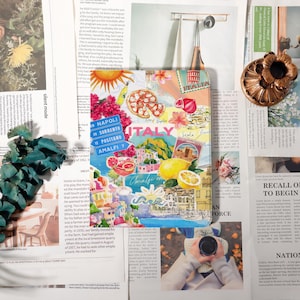 May include: A colorful tote bag with an Italian theme, featuring images of pizza, lemons, and coastal scenes. The bag includes text such as "ITALIA", "Napoli", and "Amalfi". The background is a collage of newspaper clippings.
