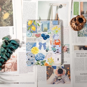 May include: A collage of coastal-themed illustrations on a white background. The artwork includes lemons, blueberries, a crab, a lighthouse, and a scooter. The color palette features blues, yellows, and whites, creating a cheerful and summery aesthetic.