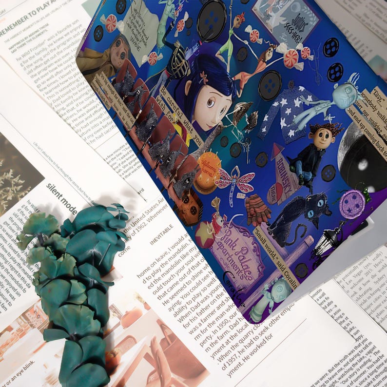 May include: A vibrant, detailed illustration featuring characters and elements from a fantasy movie. The artwork is set against a dark blue background with text and various objects, including buttons, a black cat, and a dragonfly. The words "Be careful what you wish for" are visible.