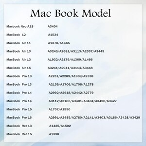 May include: A white chart titled "Mac Book Model" lists various MacBook models and their corresponding model numbers, including MacBook Air, Pro, and Retina versions. The chart is on a light blue and white gradient background.
