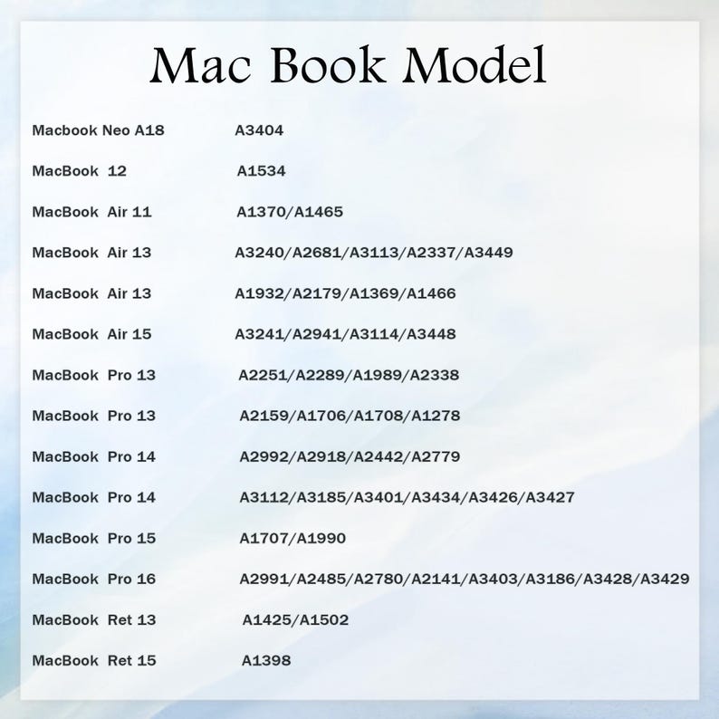 May include: A white chart titled "Mac Book Model" lists various MacBook models and their corresponding model numbers, including MacBook Air, Pro, and Retina versions. The chart is on a light blue and white gradient background.