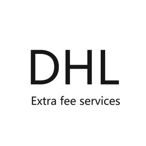 May include: Black text on a white background displays the letters "DHL" stacked above the words "Extra fee services". The letters are bold and sans-serif.