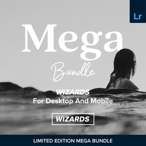 Op de afbeelding: Zwart-wit afbeelding met de tekst "Mega Bundle" in een vetgedrukte lettertype, en "Bundle" in een script lettertype. De woorden "Wizards" en "For Desktop And Mobile" zijn ook zichtbaar. Een persoon is in het water.
