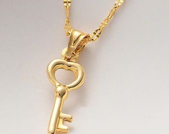 14k Solid Gold Key Necklace, Dainty Symbolic Pendant, Minimalist Layering Chain
