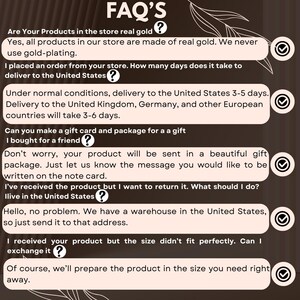 May include: A list of frequently asked questions (FAQs) about a store that sells real gold jewellery. The FAQs cover topics such as delivery times, gift wrapping, returns, and size exchanges.
