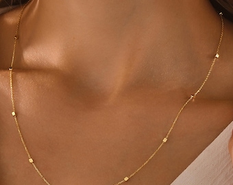 14k Solid Gold Cube Chain Necklace, Minimalist Dainty Layering Jewelry