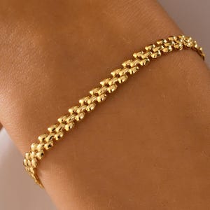 14K Gold Real Gold Braided Bracelet, Rectangle Long Chain Bracelet, Link Bracelet, Elegant Chain, Gift for Women
