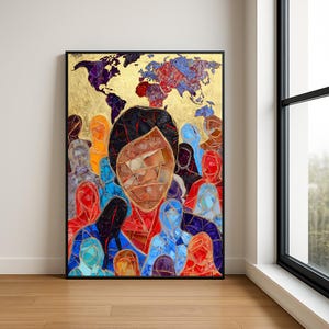 May include: A framed artwork featuring a mosaic-style portrait of a person surrounded by figures in various colors. A gold background with a map of the world in shades of purple and red is above the portrait. The artwork is in a black frame.