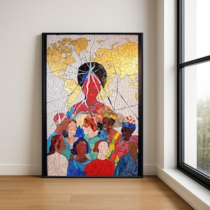 May include: Framed art print featuring a mosaic-style image of a group of people with a red figure in the center. The background has a gold map design with a cracked effect. The artwork is in a black frame.